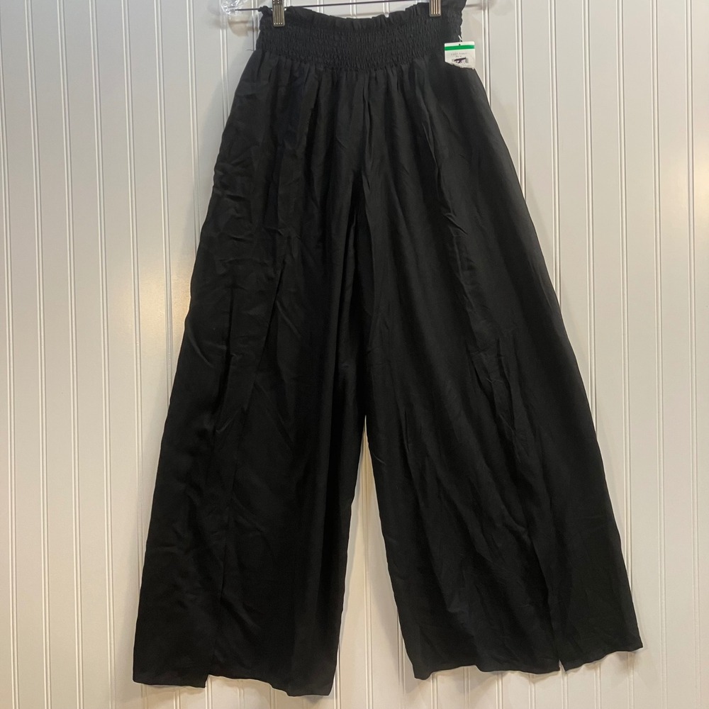Elan Black Smocked High Waist Wide Leg Split Wrap Pants XS Summer Boho Culottes